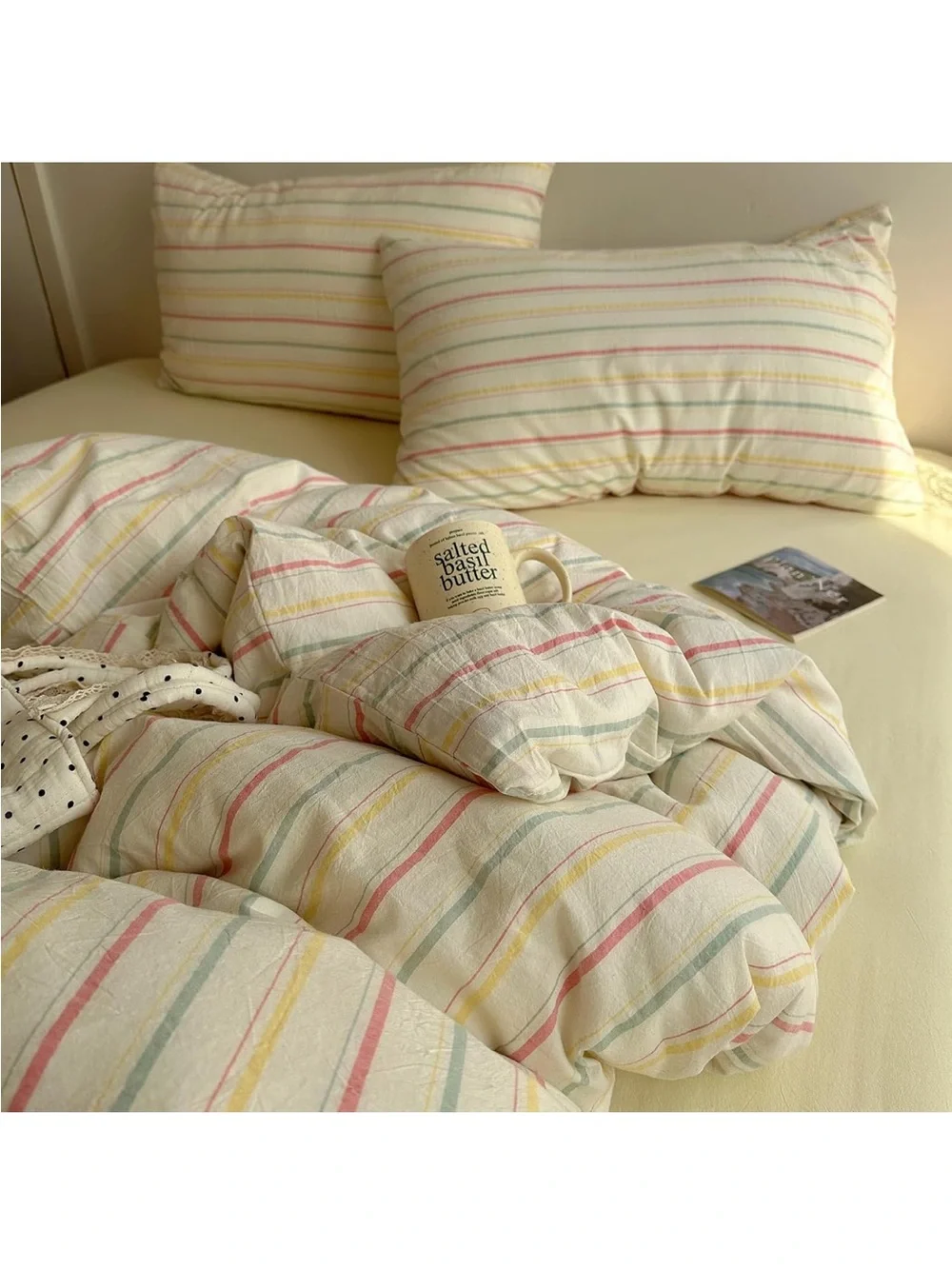 NEW Colorful 100% Cotton Striped Duvet Cover Pink Green Yellow, 3-Piece. Full
